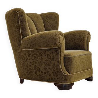 Années 1950, fauteuil relax vintage danois en tissu vert, état d’origine.