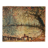 oil on pointillism landscape panel signed Hanriot 20th century