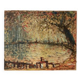 oil on pointillism landscape panel signed Hanriot 20th century