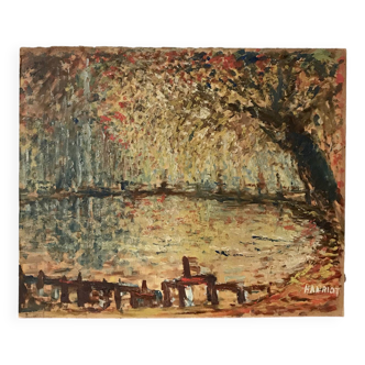 oil on pointillism landscape panel signed Hanriot 20th century