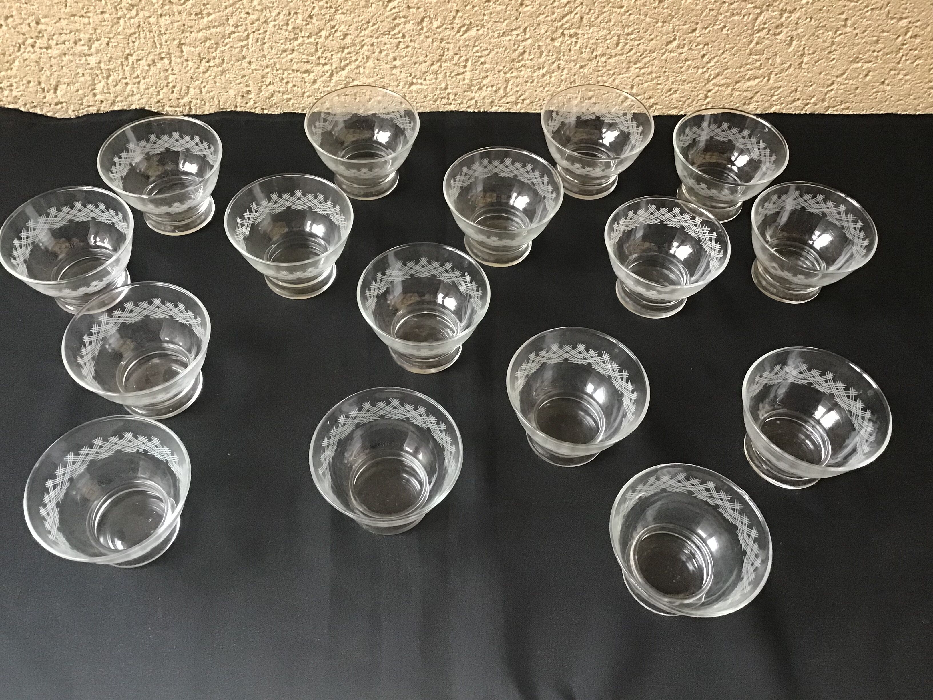 Lot of 16 glass cups vintage 60 glass pressed engraved