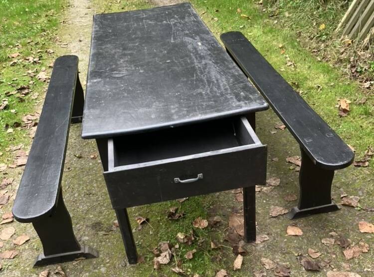 Old painted farmhouse table and 2 shabby chic benches
