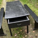 Old painted farmhouse table and 2 shabby chic benches