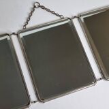 Antique triptych barber's mirror, metal frame and imitation leather back, 1930