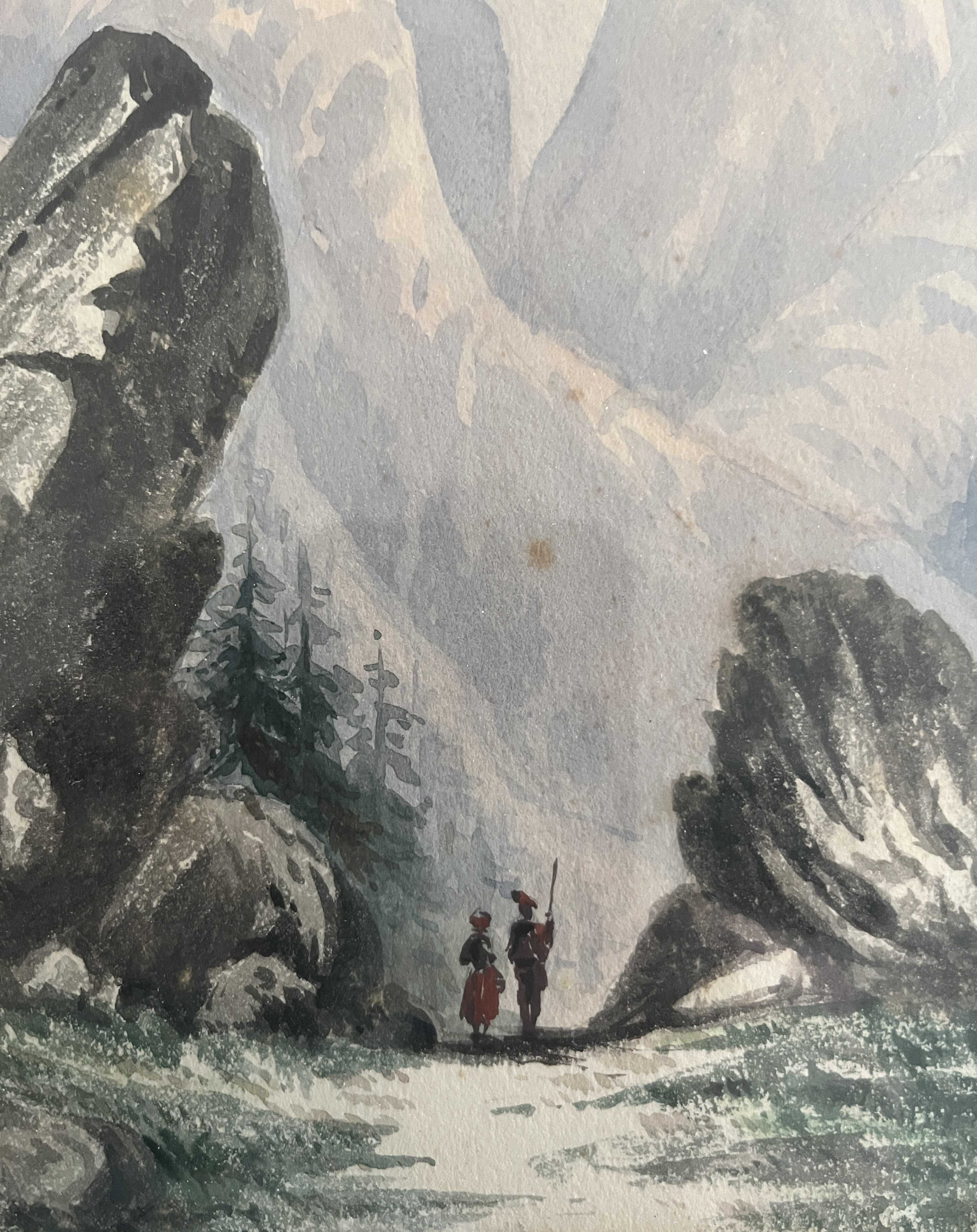 Original watercolour painting "Animated Mountain Landscape" Switzerland? + frame