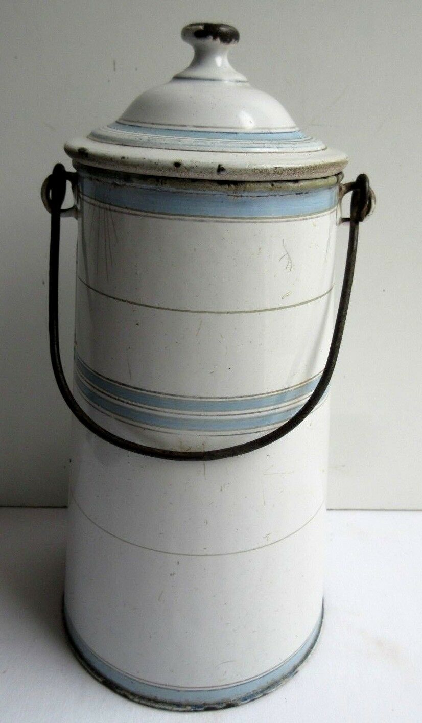 Art Deco milk pot, white and blue enamelled milk plate signed Etoile PEN