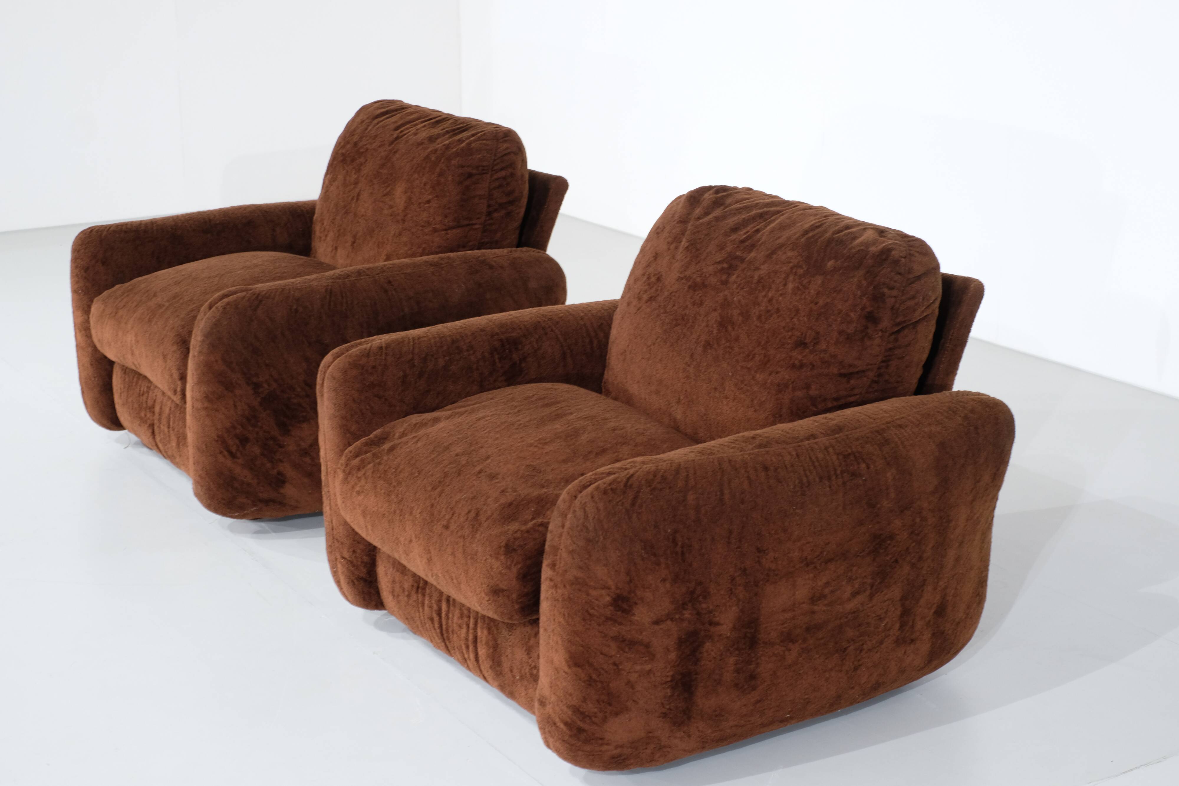 pair of brown fabric armchairs, Italy - 1970s