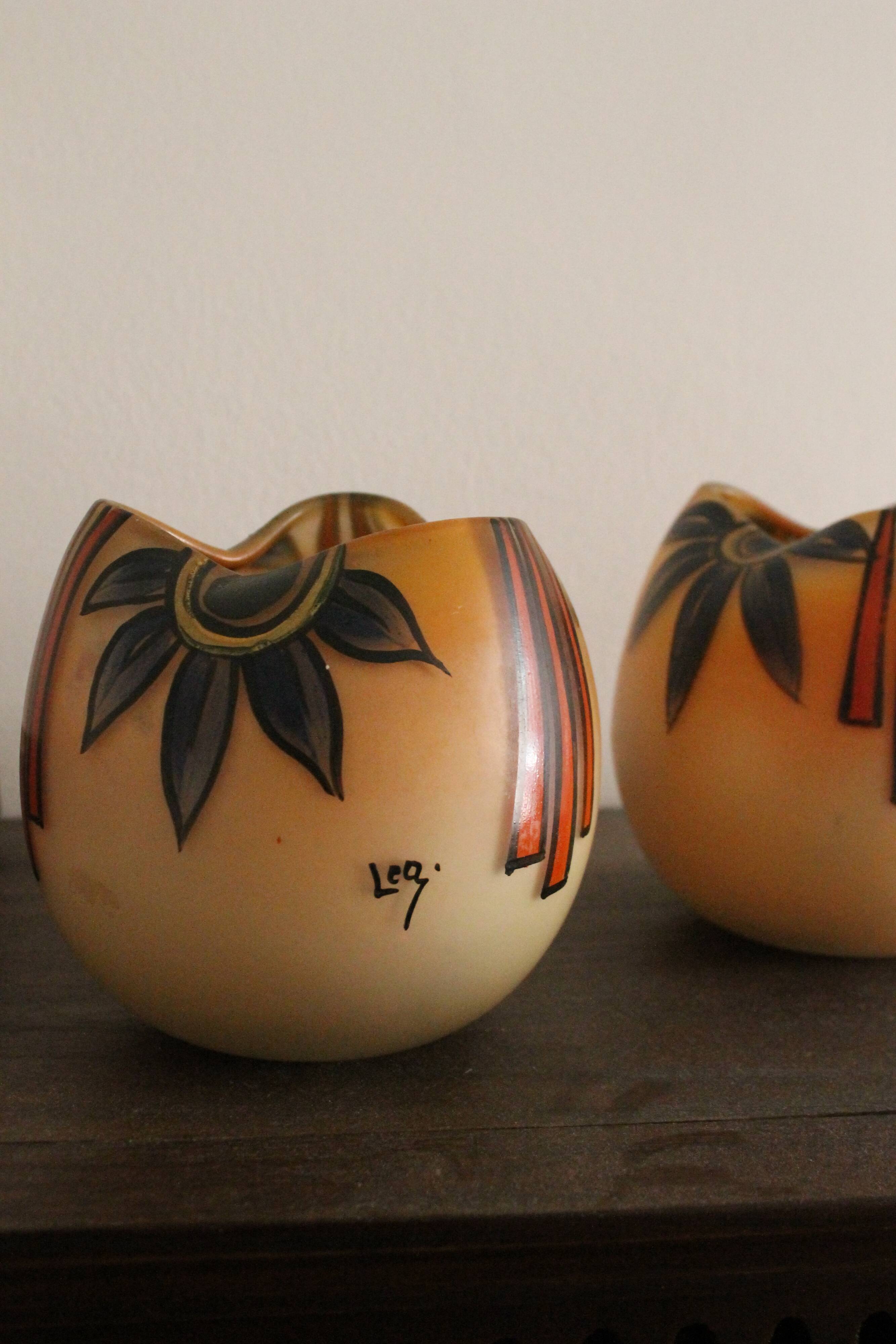 Pair of Legras Art Deco ball vases with orange tree decoration