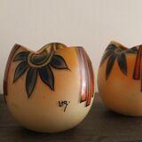 Pair of Legras Art Deco ball vases with orange tree decoration