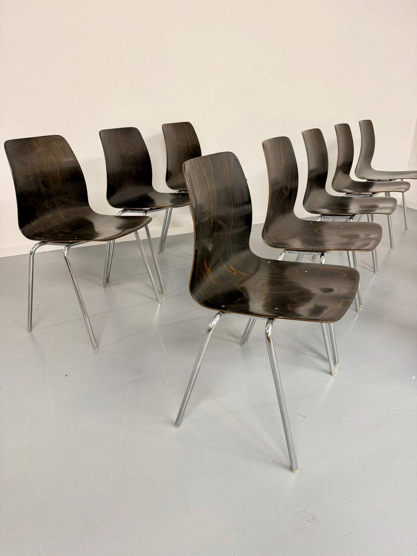 Set of 12 wooden and chrome chairs, Pagholz design from the 80s, vintage Pagwood.