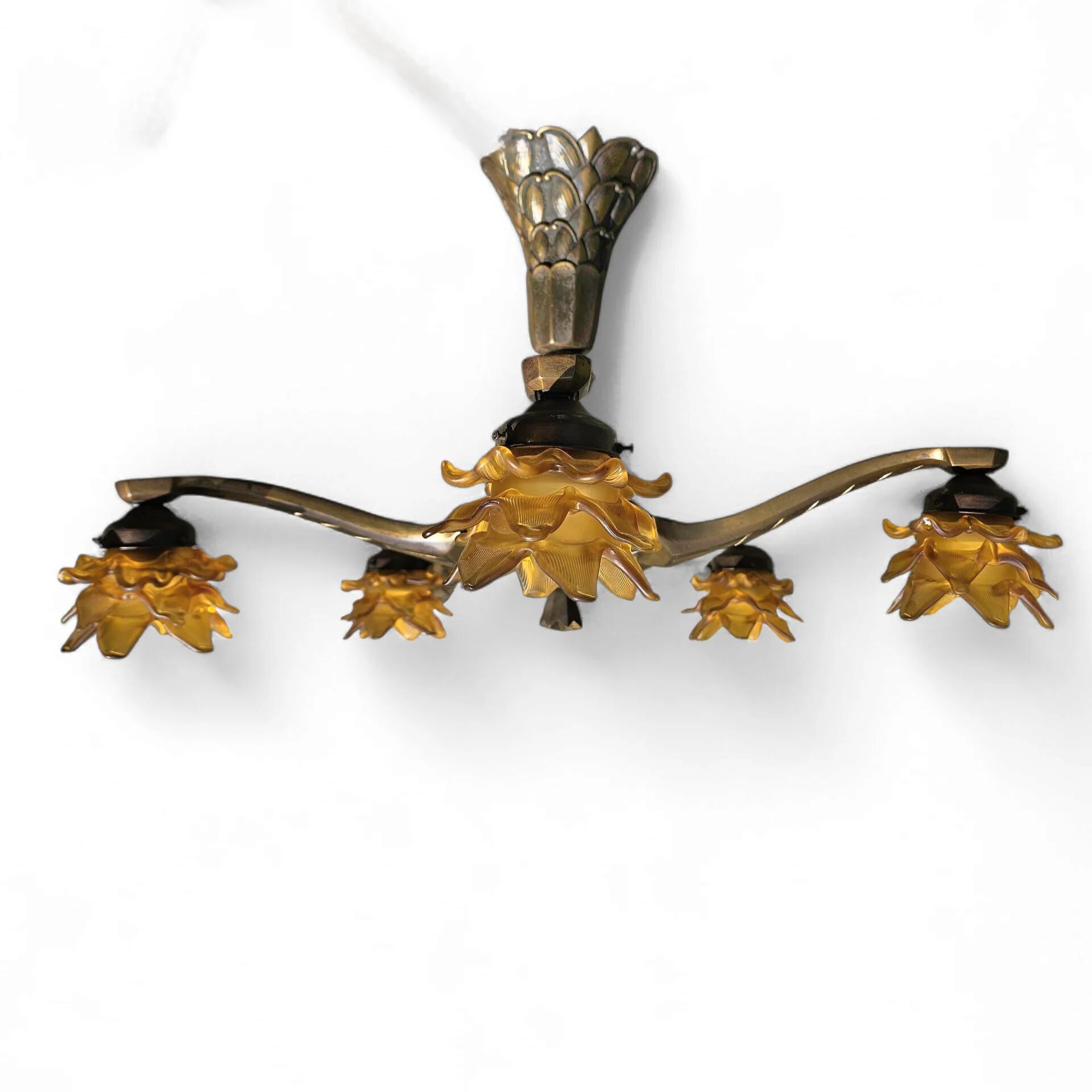 5 arms Art Deco / Art Nouveau / brass hanging lamp / Hand blown floral shades