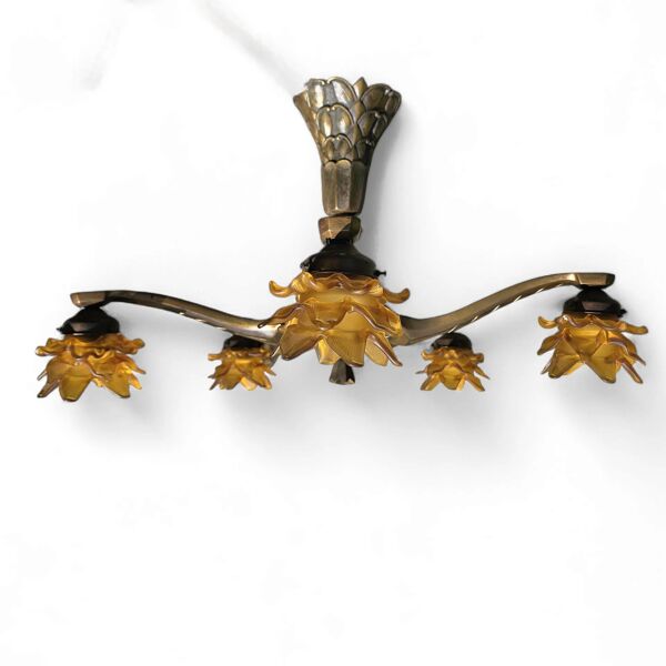 Suspension Art Déco / Art Nouveau / 5 bras en laiton / Abat-jour floraux soufflés à la main