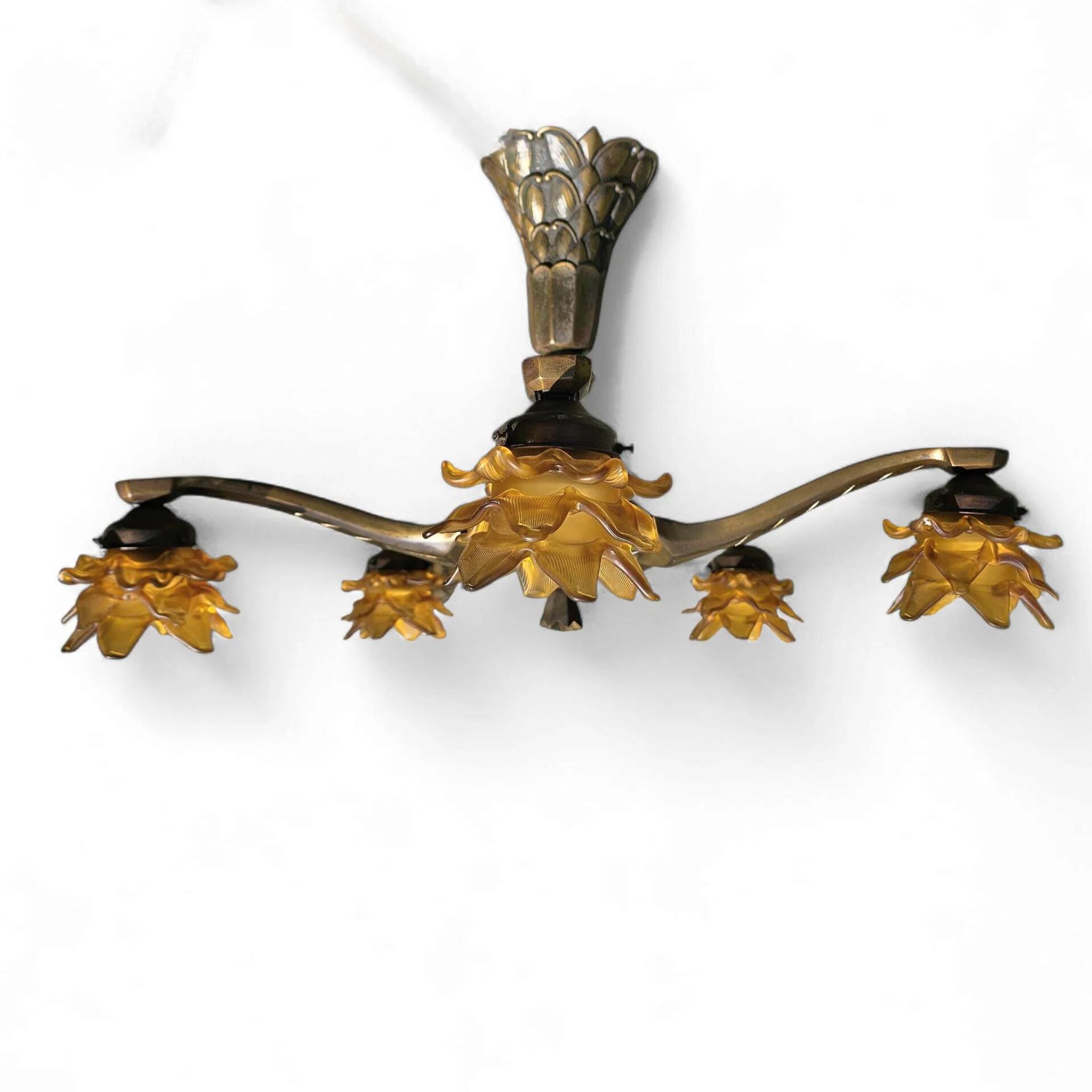 5 arms Art Deco / Art Nouveau / brass hanging lamp / Hand blown floral shades
