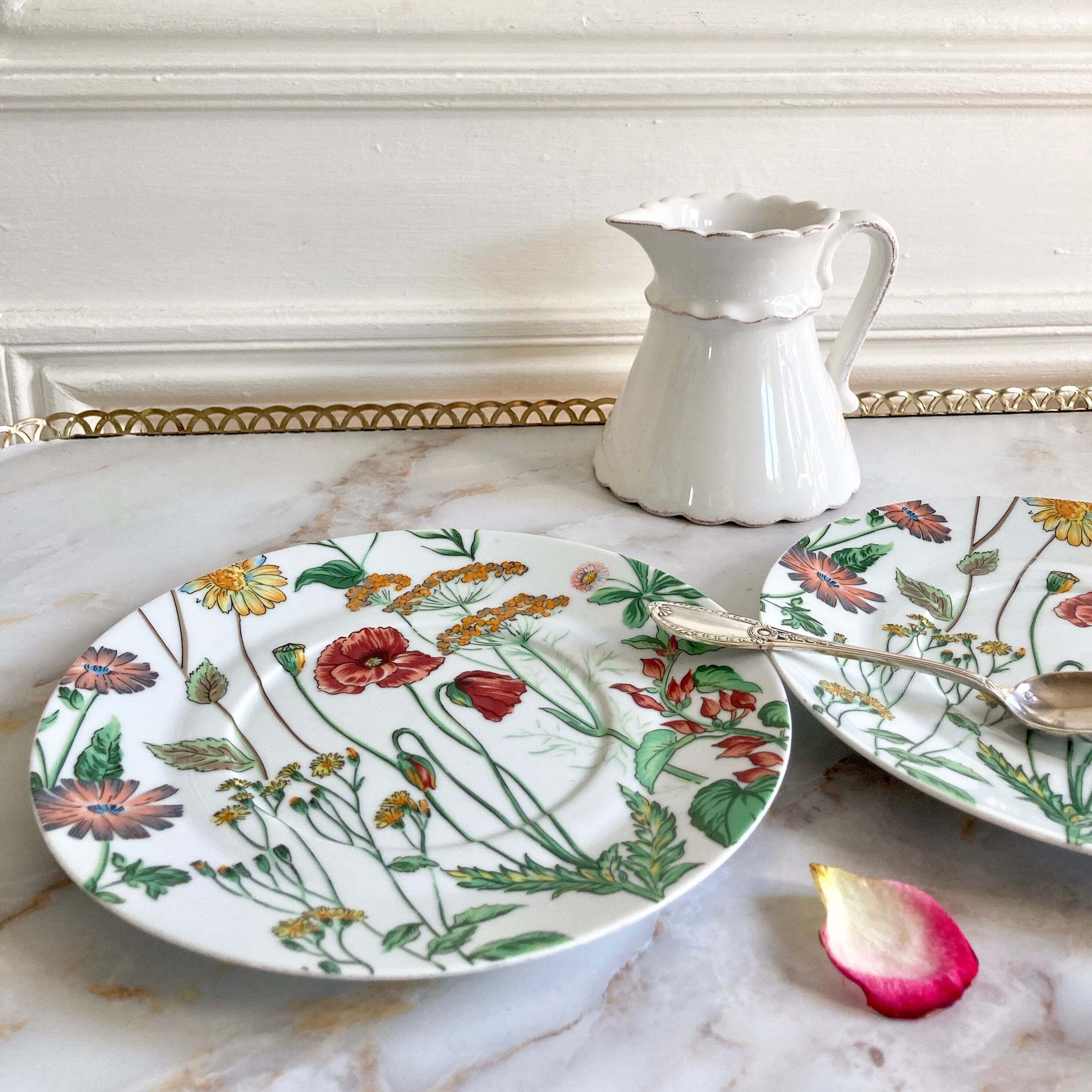 Two English dessert plates with flowers