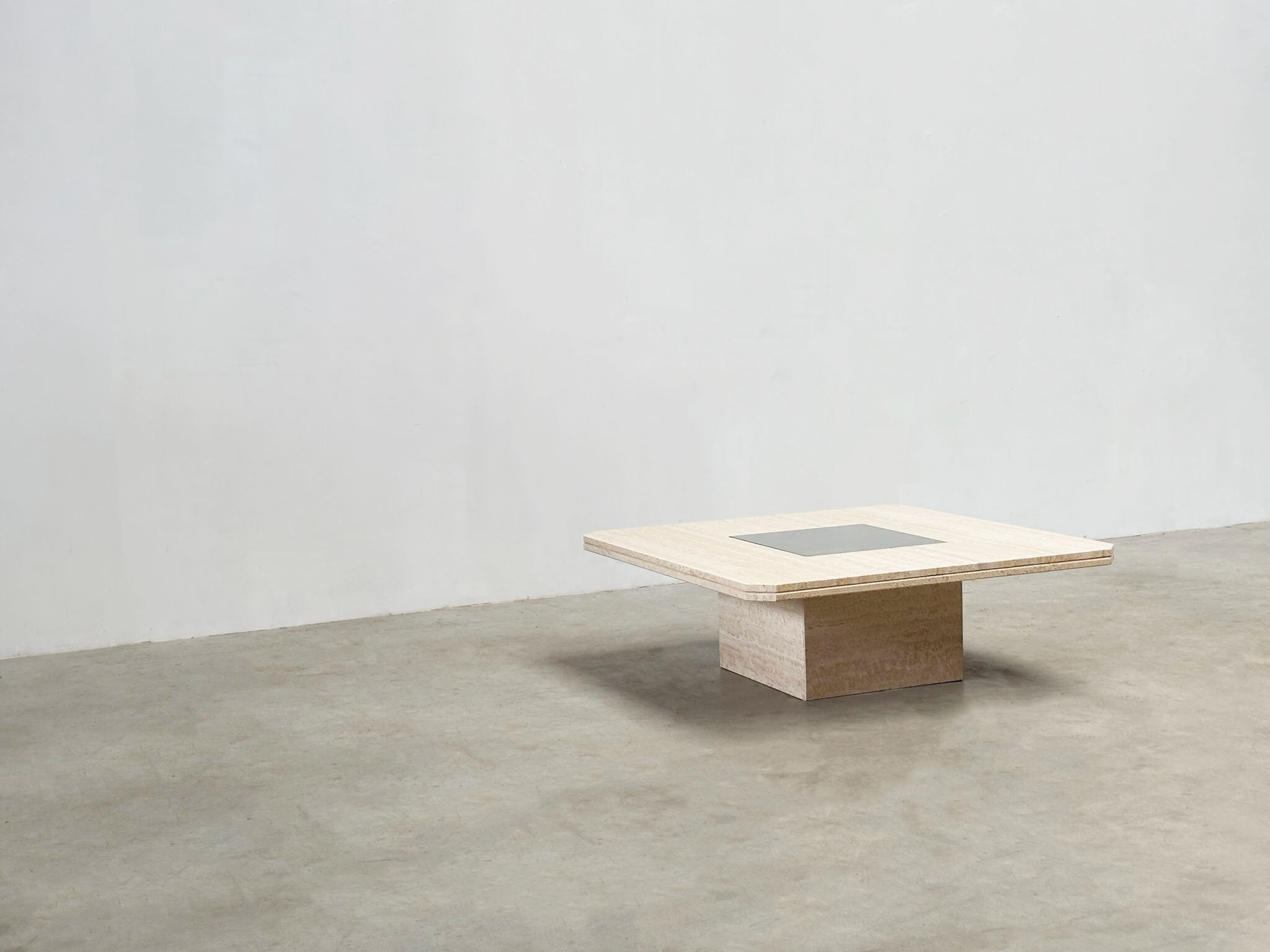 George Mathias square travertine and brass coffee table