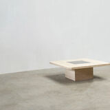 George Mathias square travertine and brass coffee table