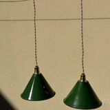 Pair of vintage industrial retro conical enamelled sheet metal pendant lights