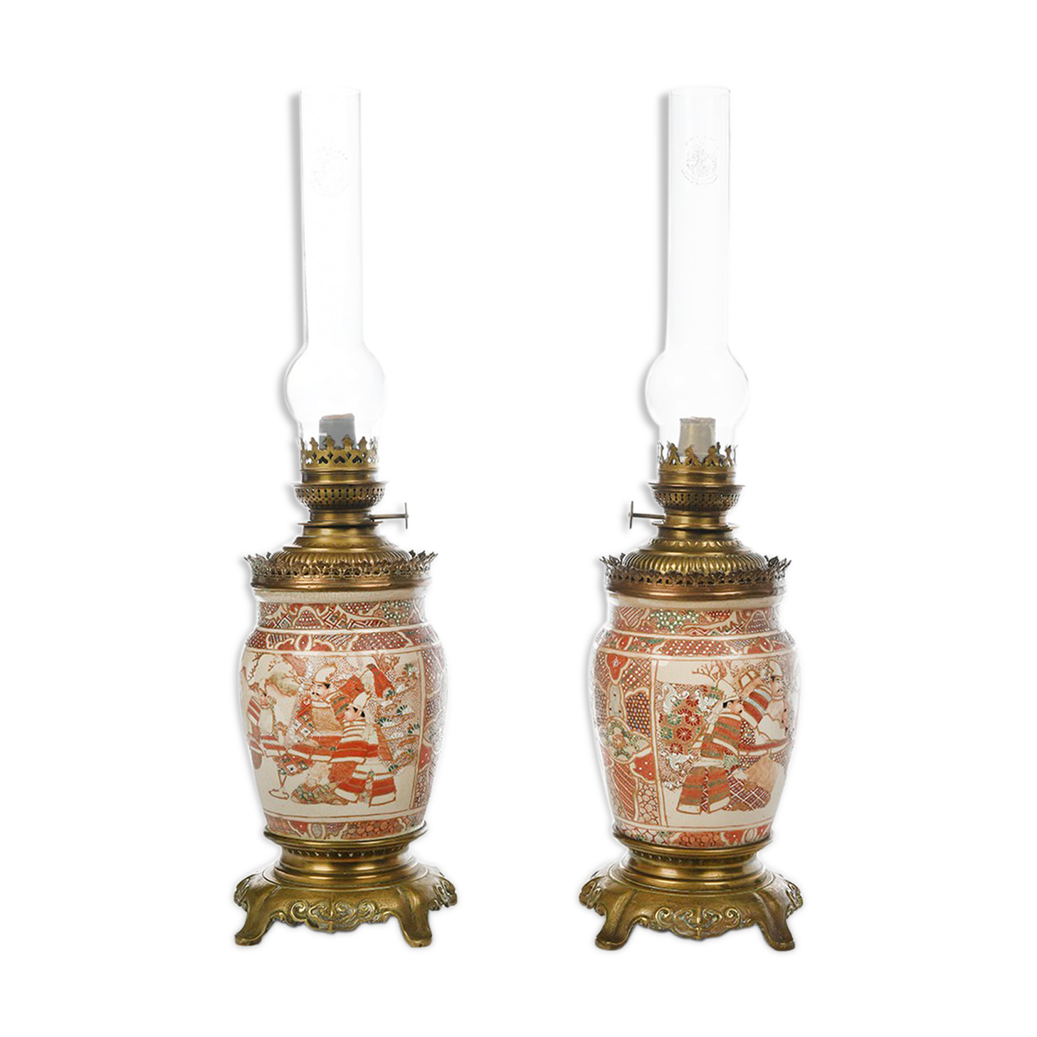 Pair of Satsuma porcelain oil lamps