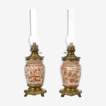 Pair of Satsuma porcelain oil lamps