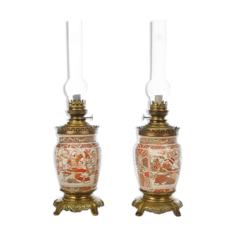 Pair of Satsuma porcelain oil lamps