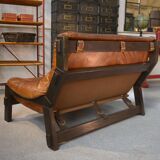 Brutalist sofa in oak and patinated leather, 1960s