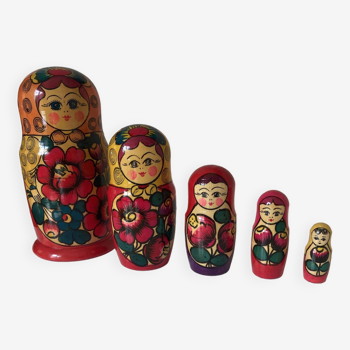 Suite de 5 poupées Russes Matriochka gigognes vintage rouge