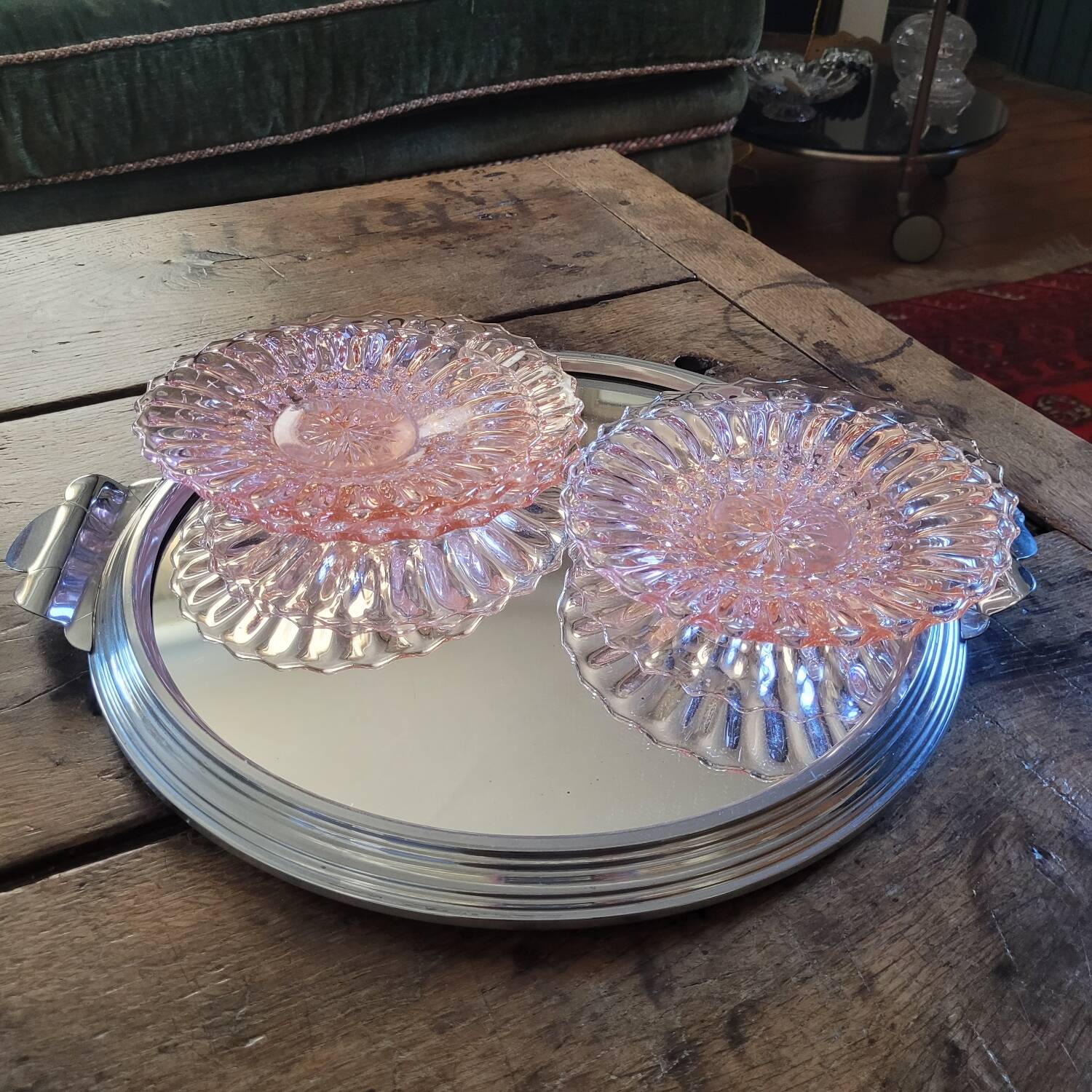 Art Deco Pressed Glass Dessert Plates in Pink — Circa 1930