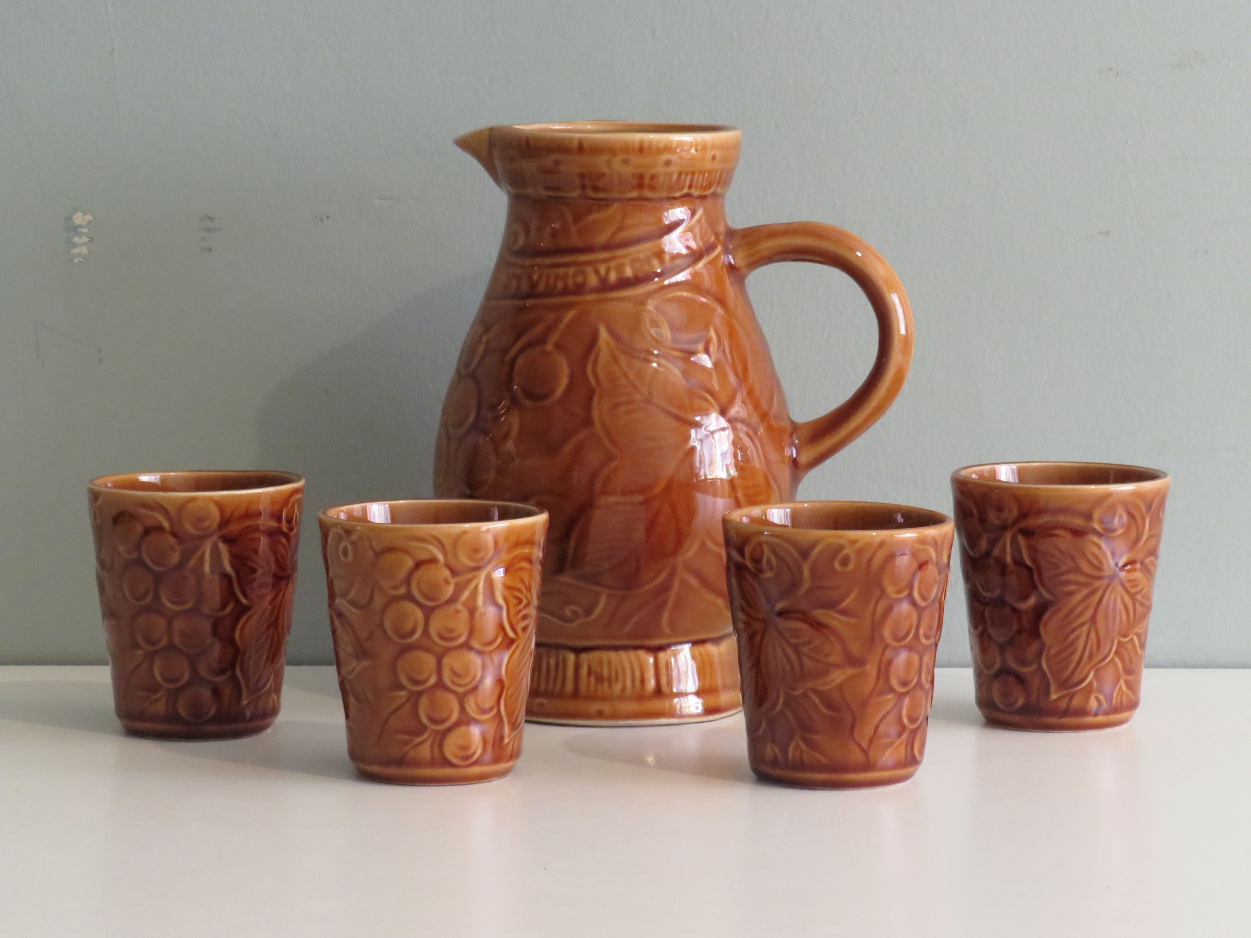 Sarreguemines pitcher and goblets, France 1970s