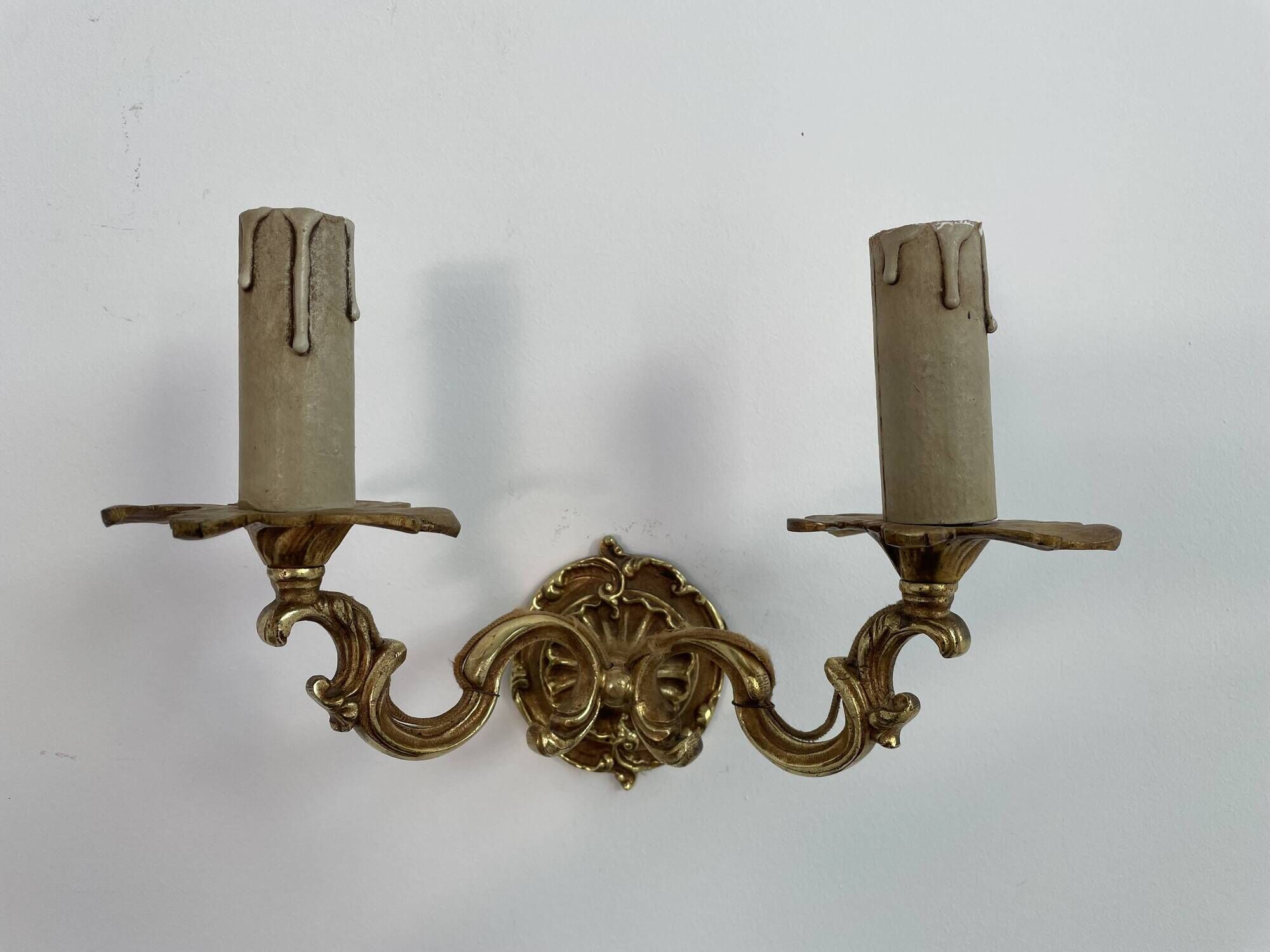 Pair of antique wall lamps in gilded metal - two lights - early XXth