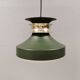 Hanging lamp in green lacquered metal with golden “ring” and bottom grille.