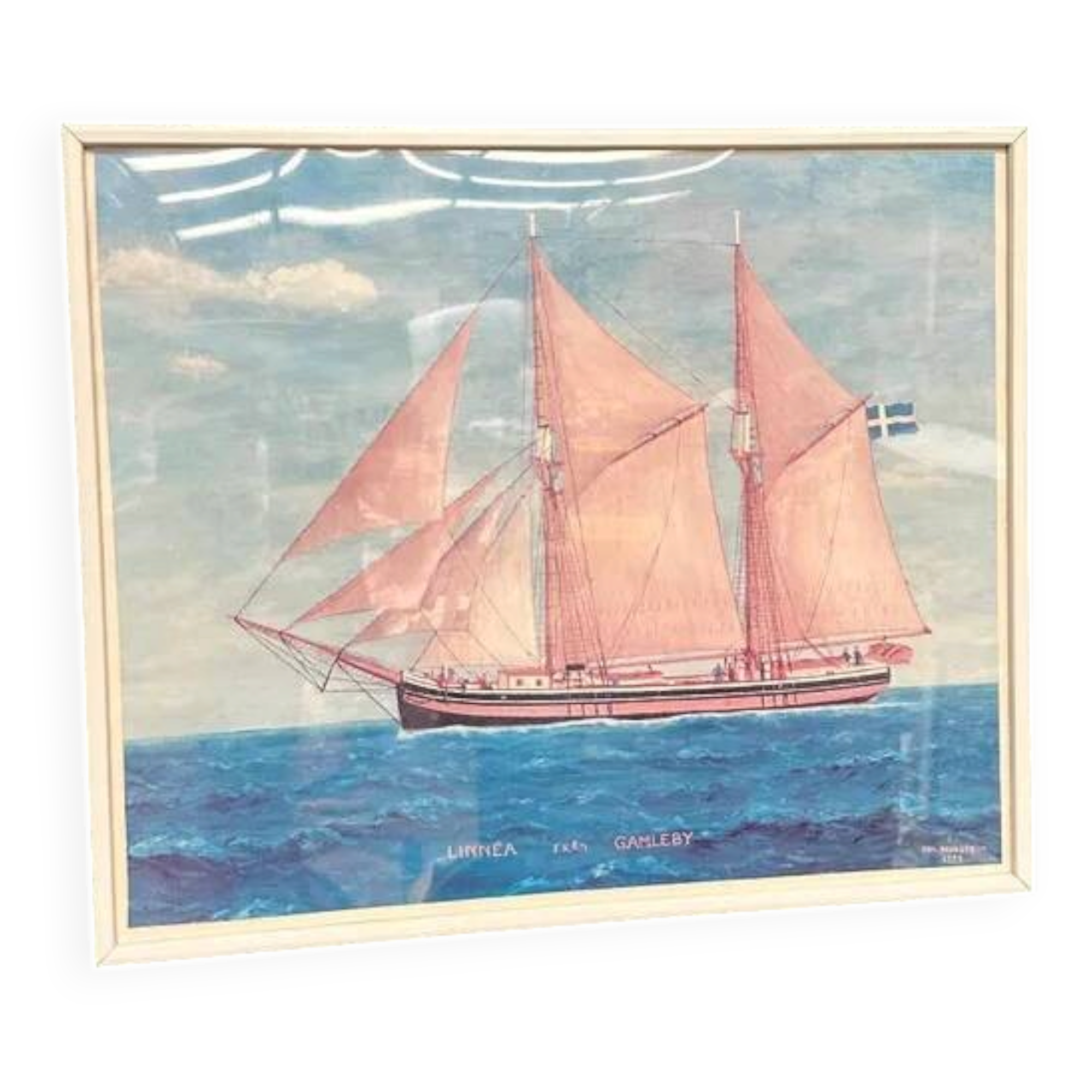 Swedish original print on paper – "Boat at Sea" by Egil Bergström – Signed – vintage and framed – 60.5 × 50.5 cm (23.8 in × 19.8 in)