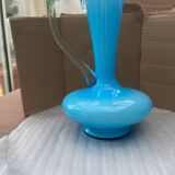 Blue opaline carafe vase with a transparent handle