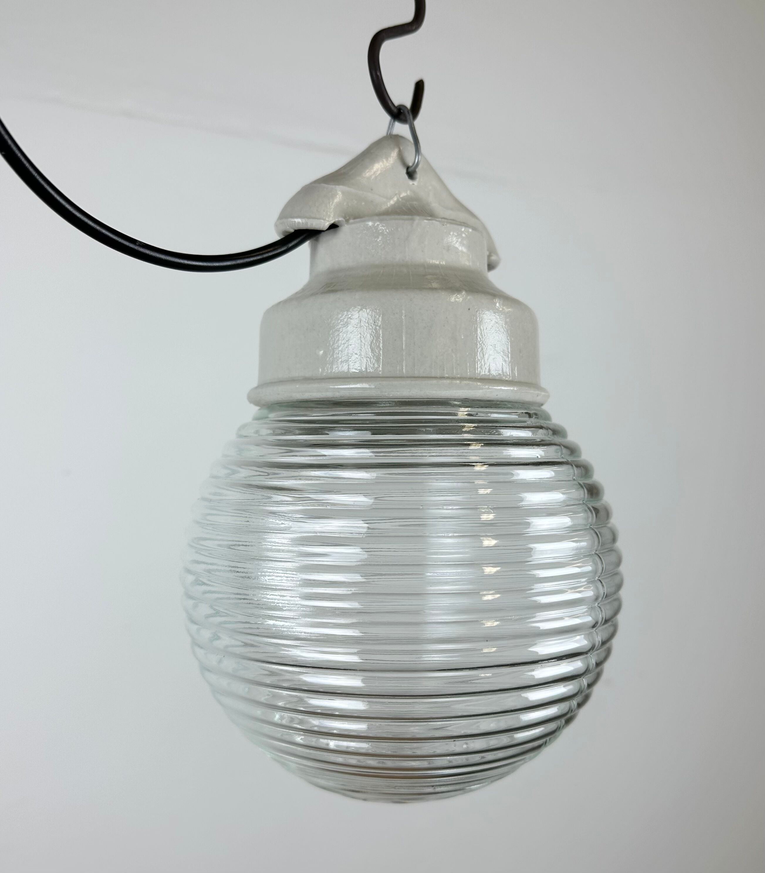 Industrial white porcelain pendant light with ribbed glass, 1970s
