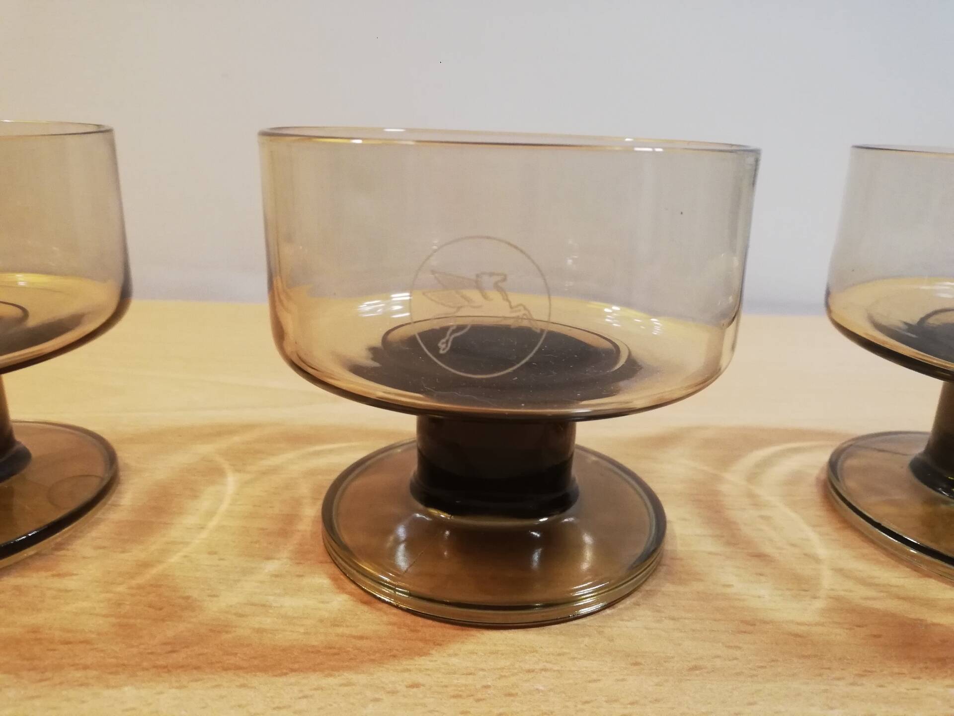 Set of 3 vintage 1970s brown smoked glass cups Pegasus Mobil.