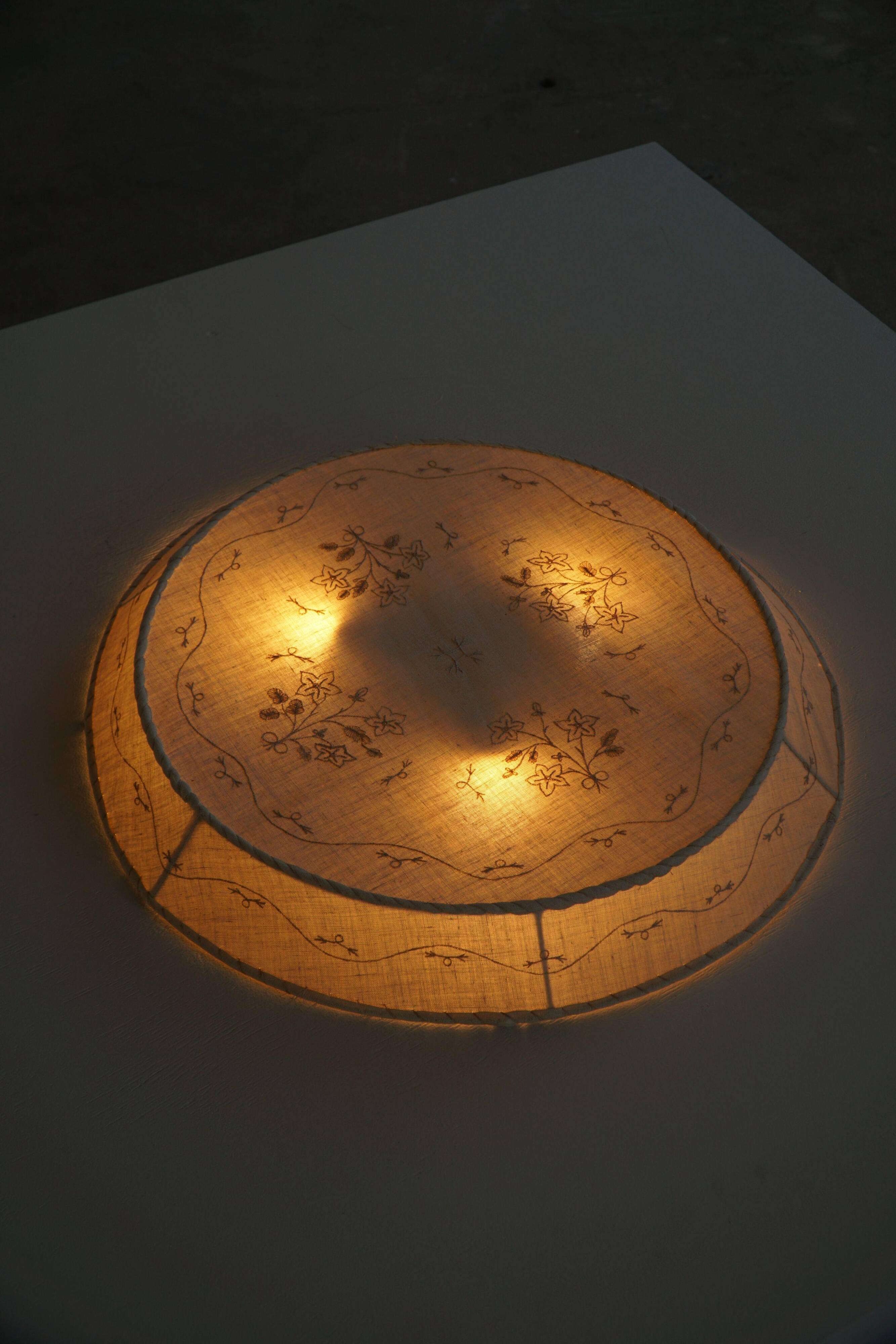 Large Swedish wall/ceiling light from the mid-century in linen and lace, Sweden, 1950s.