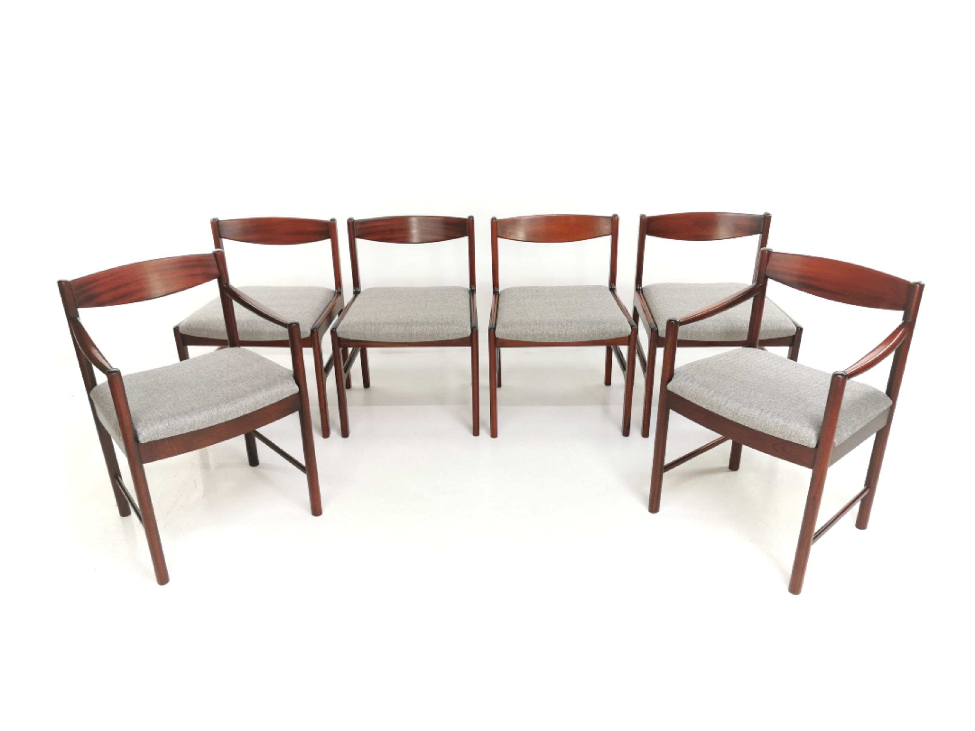 Set of 6 newly upholstered Mcintosh grey herringbone rosewood dining chairs