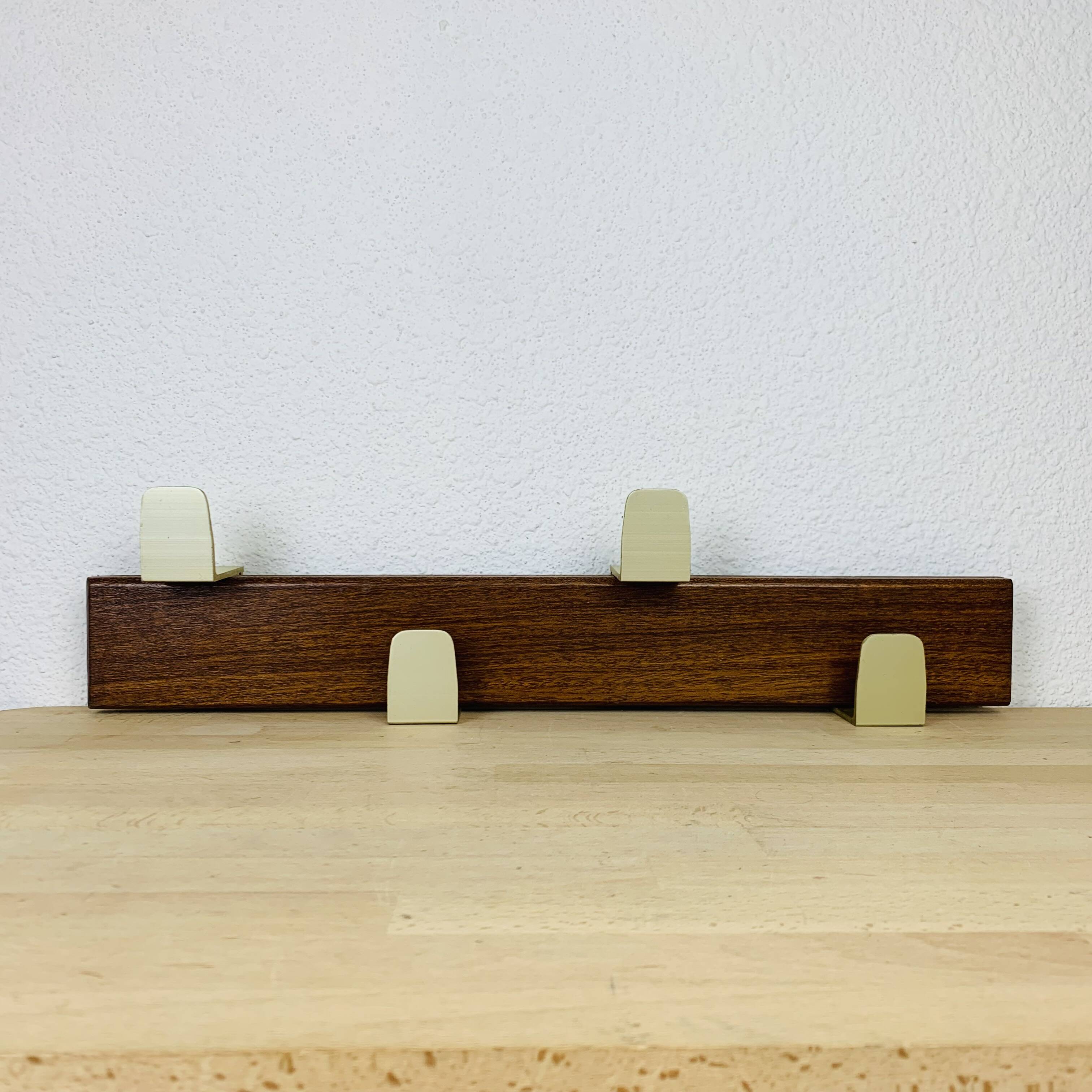 Scandinavian teak wall coat rack with 4 gold hooks, 1960s