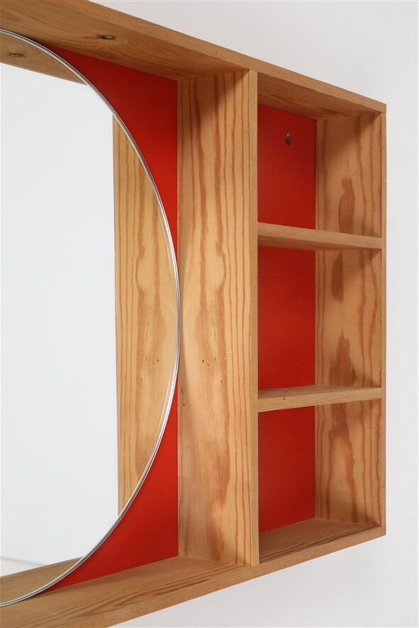 Mid-century wall shelf with mirror / 1970s / maritime pine / Danish modern design / red-orange