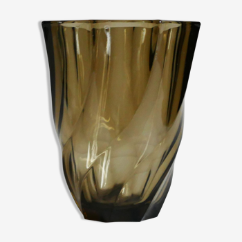 Small vintage geometric Luminarc vase in 1970s smoked glass