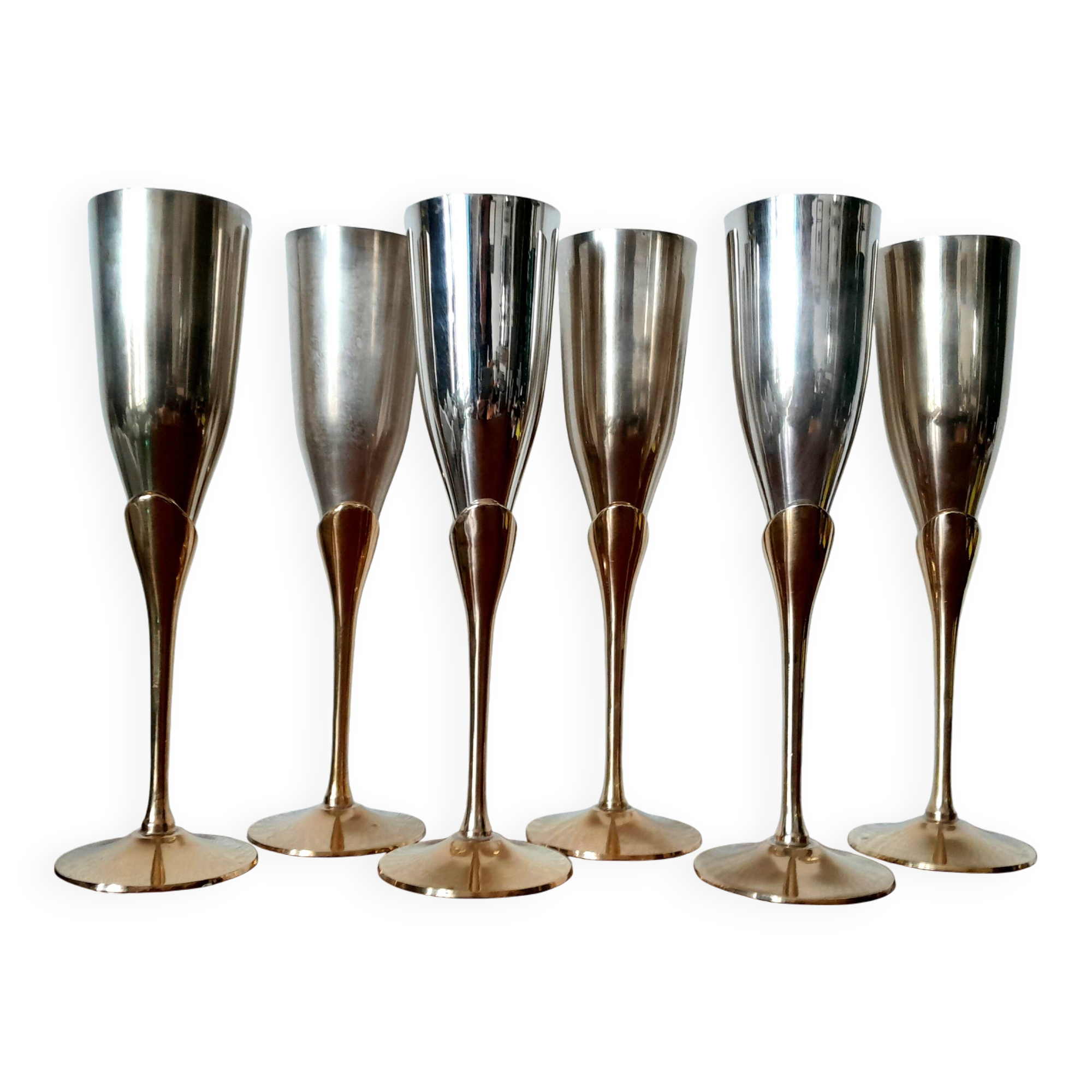 6 champagne flutes in brass and silver plated metal 1970