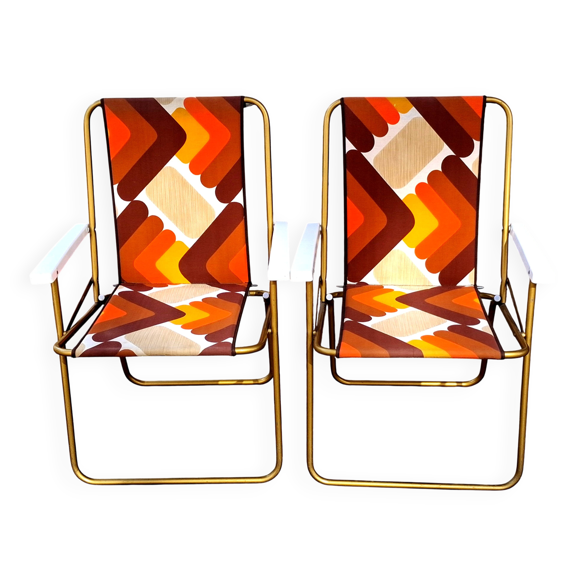 Pair of folding camping chairs, vintage seventies fabric, Lafuma