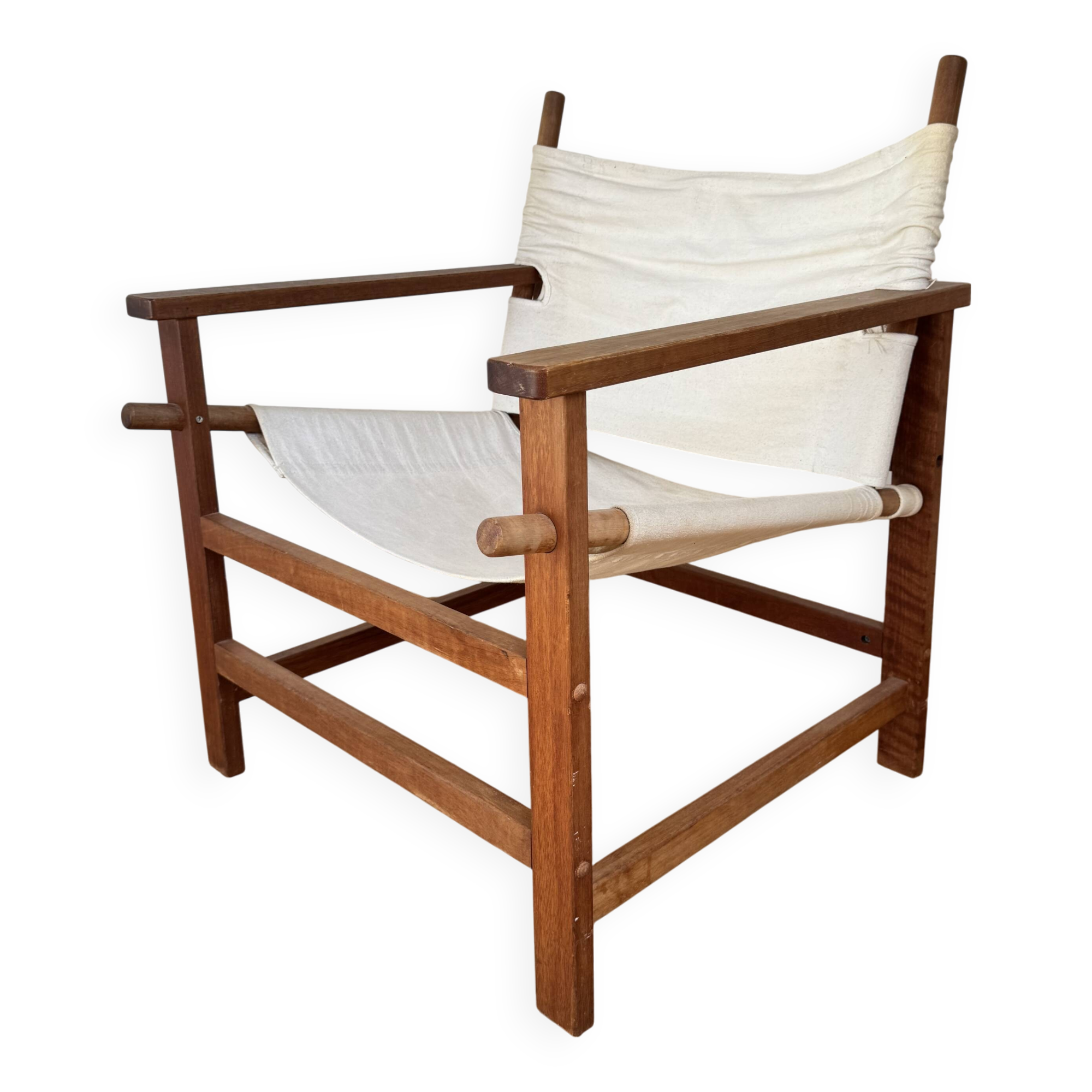 Safari armchair in wood and beige fabric