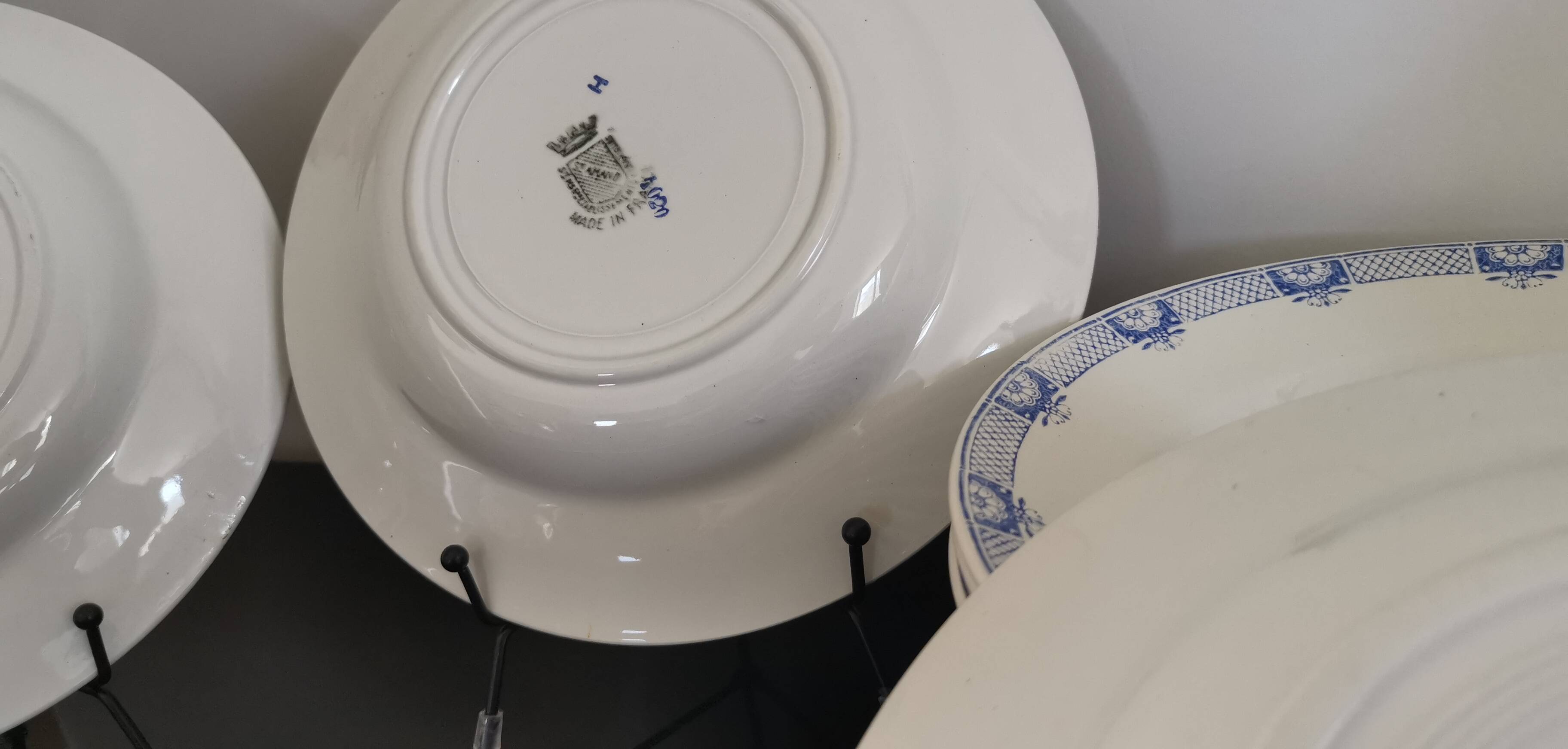 6 Saint Amand and Hamage white/blue earthenware soup plates