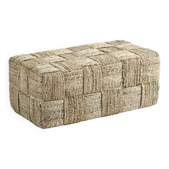 Rectangular Moroccan pouf bench made of woven jute rope.