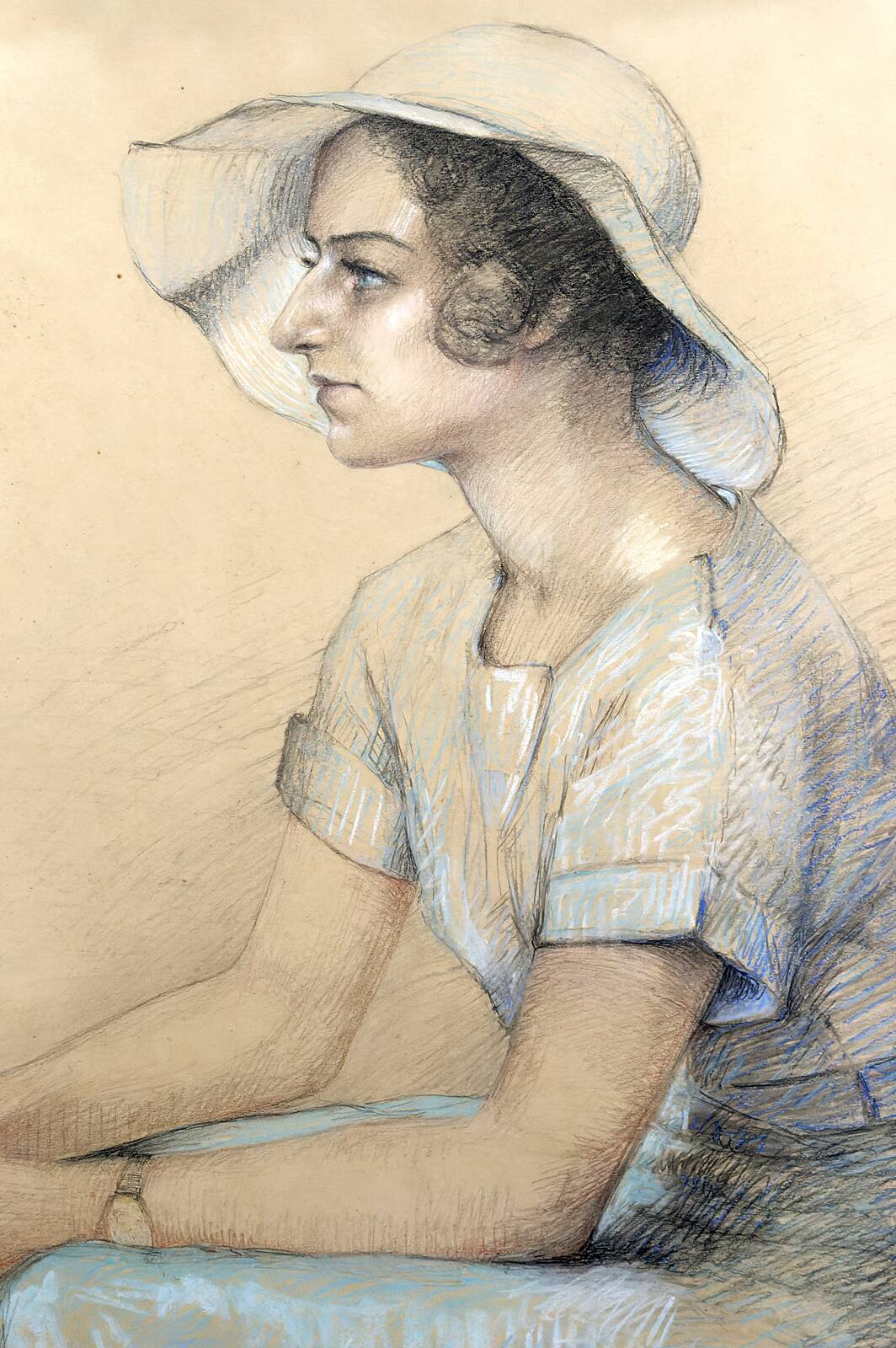 Portrait of a young woman, pastel, Art Deco, by M.Ducoin, France, 1934