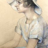 Portrait de jeune femme, pastel, Art Déco, par M.Ducoin, France, 1934
