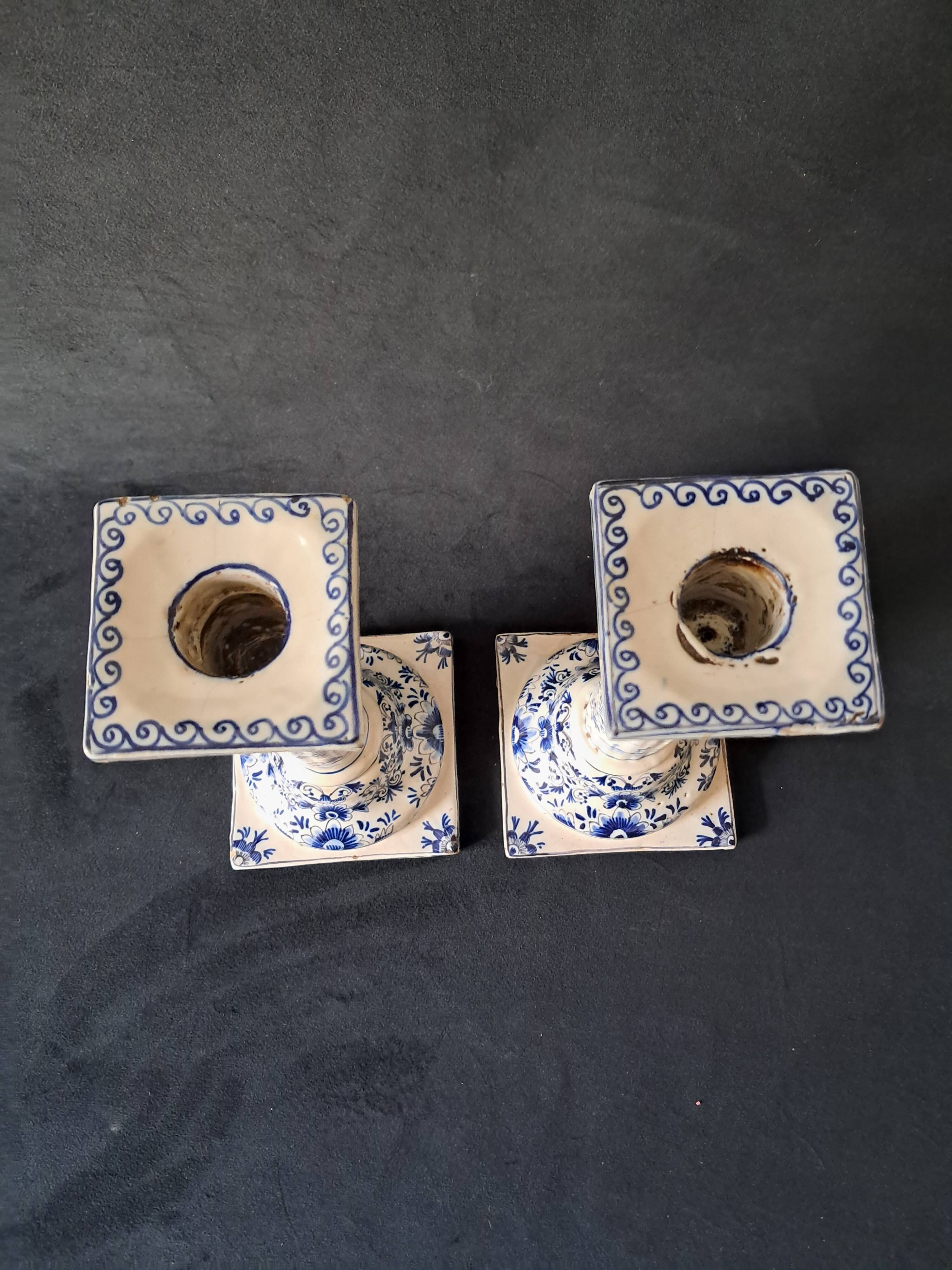 Antique Pair of Column Candlesticks in Blue and White Delftware