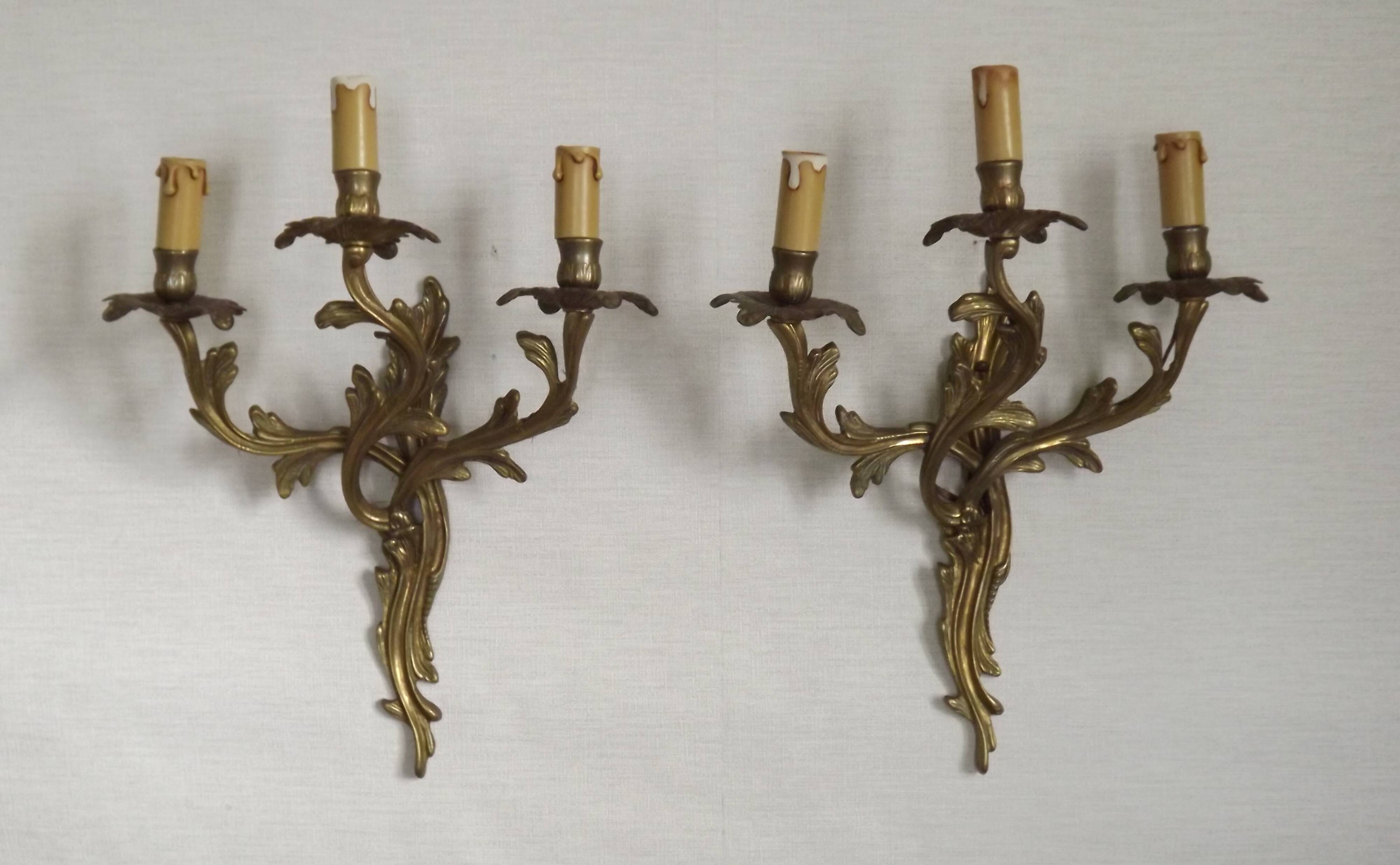 Magnificent Pair of French Antique Bronze Three-Light Acanthus Wall Sconces