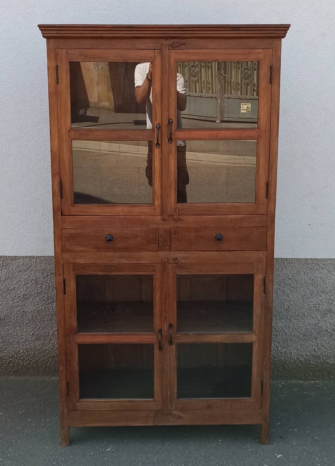Antique teak cabinet with two drawers and four doors