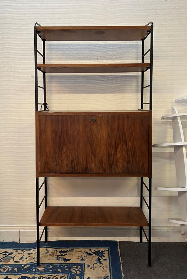 Bibliothèque bureau scandinave en teck et fer noir, ladderax